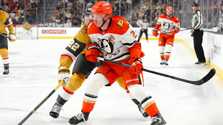 May 4, 2026; Las Vegas, Nevada, USA; Vegas Golden Knights right wing Cole Smith (22) checks Anaheim Ducks defenseman Jackson LaCombe (2) during the third period of game one of the second round of the 2026 Stanley Cup Playoffs at T-Mobile Arena. Mandatory Credit: Stephen R. Sylvanie-Imagn Images May 4, 2026; Las Vegas, Nevada, USA; Vegas Golden Knights right wing Cole Smith (22) checks Anaheim Ducks defenseman Jackson LaCombe (2) during the third period of game one of the second round of the 2026 Stanley Cup Playoffs at T-Mobile Arena. Mandatory Credit: Stephen R. Sylvanie-Imagn Images