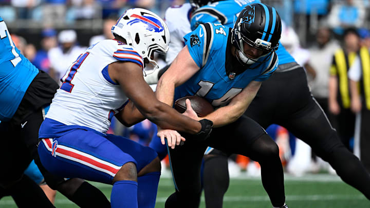Buffalo Bills DT Ed Oliver sacks Carolina Panthers QB Andy Dalton during the first half at Bank of America Stadium. Buffalo Bills DT Ed Oliver sacks Carolina Panthers QB Andy Dalton during the first half at Bank of America Stadium.