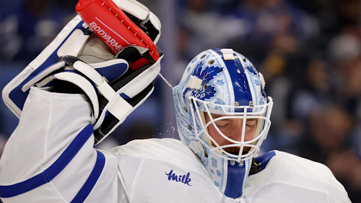 Dec 20, 2024; Buffalo, New York, USA;  Toronto Maple Leafs goaltender Matt Murray (30) sprays himself with water during a stoppage in play against the Buffalo Sabres at KeyBank Center. Mandatory Credit: Timothy T. Ludwig-Imagn Images