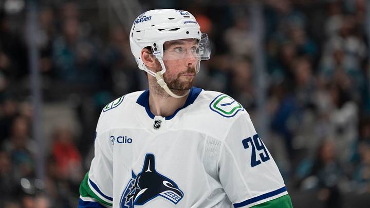Apr 11, 2026; San Jose, California, USA;  Vancouver Canucks defenseman Marcus Pettersson (29) during the second period against the San Jose Sharks at SAP Center at San Jose. Mandatory Credit: Stan Szeto-Imagn Images