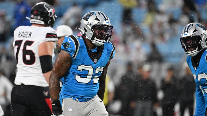 Carolina Panthers linebacker Trevin Wallace (32) reacts in the first quarter Carolina Panthers linebacker Trevin Wallace (32) reacts in the first quarter