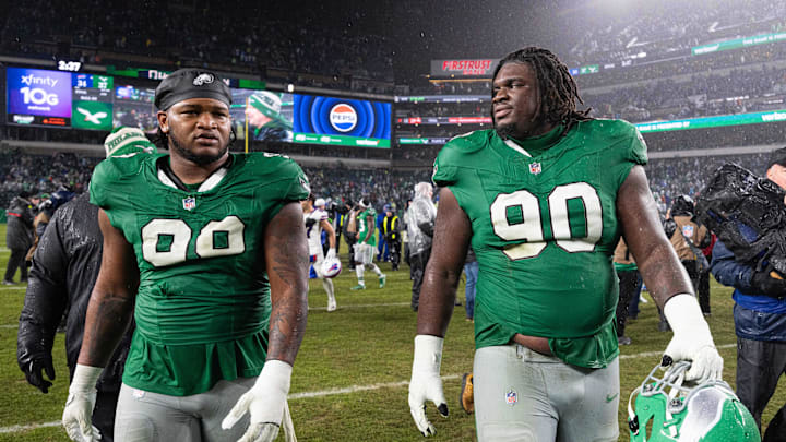 Nov 26, 2023; Philadelphia, Pennsylvania, USA; Philadelphia Eagles defensive tackle Jordan Davis (90) and defensive tackle Jalen Carter (98) walk off the field after a victory against the Buffalo Bills at Lincoln Financial Field. Mandatory Credit: Bill Streicher-Imagn Images Nov 26, 2023; Philadelphia, Pennsylvania, USA; Philadelphia Eagles defensive tackle Jordan Davis (90) and defensive tackle Jalen Carter (98) walk off the field after a victory against the Buffalo Bills at Lincoln Financial Field. Mandatory Credit: Bill Streicher-Imagn Images