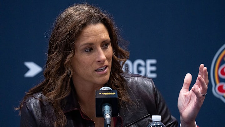 Stephanie White, new Indiana Fever head coach, speaks Monday, Nov. 4, 2024, during a press conference held on Salesforce Court at Gainbridge Fieldhouse in Indianapolis.