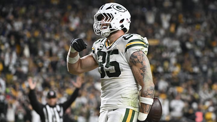 Oct 26, 2025; Pittsburgh, Pennsylvania, USA; Green Bay Packers tight end Tucker Kraft (85) celebrates his touchdown against the Pittsburgh Steelers during the fourth quarter at Acrisure Stadium. Mandatory Credit: Barry Reeger-Imagn Images
