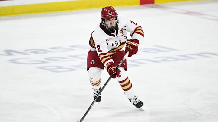 Feb 28, 2025; Chestnut Hill, MA, USA; Boston College defenseman Eamon Powell (2) skates with the puck against the University of New Hampshire Wildcats during the second period at Conte Forum. Mandatory Credit: Eric Canha-Imagn Images