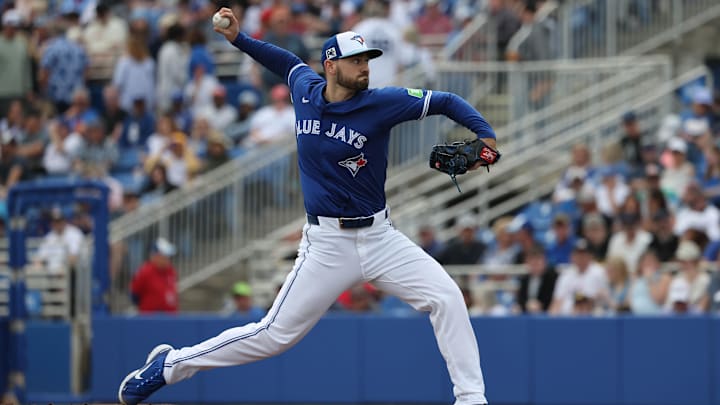 Dunedin, Florida, USA; Toronto Blue Jays pitcher Zach Pop (56) throws a pitch against the New York Yankees during the fourth inning  at TD Ballpark.