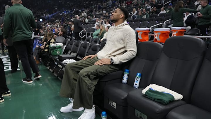 Apr 10, 2026; Milwaukee, Wisconsin, USA;  Milwaukee Bucks forward Giannis Antetokounmpo (34) sits on the bench prior to the game against the Brooklyn Nets at Fiserv Forum. Mandatory Credit: Jeff Hanisch-Imagn Images