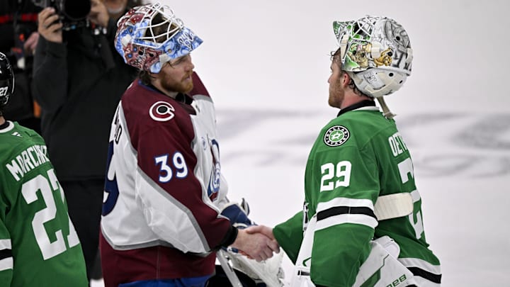 May 3, 2025; Dallas, Texas, USA; Colorado Avalanche goaltender Mackenzie Blackwood (39) shakes hands with Dallas Stars goaltender Jake Oettinger (29) after the Stars defeats the Avalanche in game seven of the first round of the 2025 Stanley Cup Playoffs at American Airlines Center. Mandatory Credit: Jerome Miron-Imagn Images