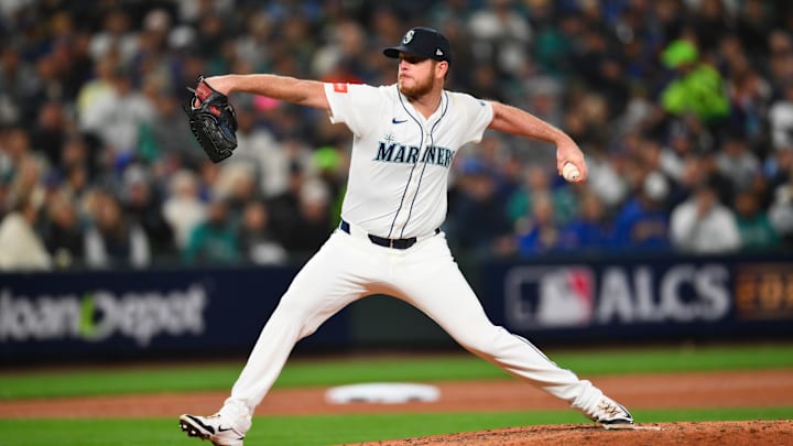 Oct 15, 2025; Seattle, Washington, USA; Seattle Mariners pitcher Caleb Ferguson (43) pitches during the sixth inning against the Toronto Blue Jays during game three of the ALCS round for the 2025 MLB playoffs at T-Mobile Park. Mandatory Credit: Steven Bisig-Imagn Images