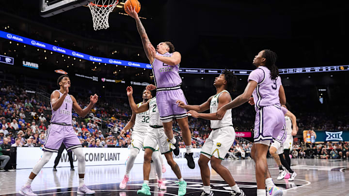 Mar 12, 2025; Kansas City, MO, USA; Kansas State Wildcats guard Max Jones (2) shoots the ball during the second half against the Baylor Bears at T-Mobile Center. Mandatory Credit: William Purnell-Imagn Images