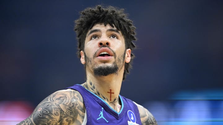Dec 22, 2025; Cleveland, Ohio, USA; Charlotte Hornets guard Lamelo Ball (1) stands on the court in the first quarter against the Cleveland Cavaliers at Rocket Arena. Mandatory Credit: David Richard-Imagn Images