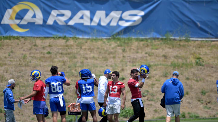 May 28, 2024; Thousand Oaks, CA, USA; Los Angeles Rams players during OTAs at the team training facility at California Lutheran University. Mandatory Credit: Jayne Kamin-Oncea-USA TODAY Sports May 28, 2024; Thousand Oaks, CA, USA; Los Angeles Rams players during OTAs at the team training facility at California Lutheran University. Mandatory Credit: Jayne Kamin-Oncea-USA TODAY Sports