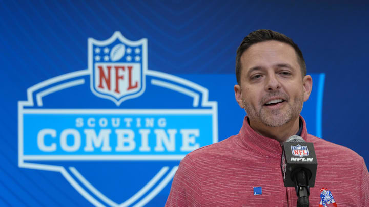 Feb 27, 2025; Indianapolis, IN, USA; New England Patriots general manager Eliot Wolf speaks during the 2025 NFL Scouting Combine at the Indiana Convention Center. Mandatory Credit: Kirby Lee-Imagn Images Feb 27, 2025; Indianapolis, IN, USA; New England Patriots general manager Eliot Wolf speaks during the 2025 NFL Scouting Combine at the Indiana Convention Center. Mandatory Credit: Kirby Lee-Imagn Images
