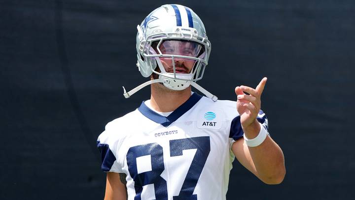 Dallas Cowboys tight end Jake Ferguson (87) at training camp at River Ridge Playing Fields. Mandatory Credit: Kirby Lee-Imagn Images Dallas Cowboys tight end Jake Ferguson (87) at training camp at River Ridge Playing Fields. Mandatory Credit: Kirby Lee-Imagn Images