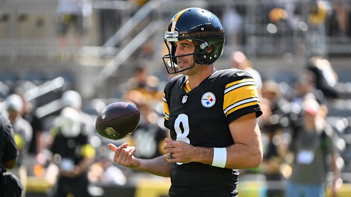 Sep 14, 2025; Pittsburgh, Pennsylvania, USA; Pittsburgh Steelers quarterback Aaron Rodgers (8) warms up for a game against the Seattle Seahawks at Acrisure Stadium. Mandatory Credit: Barry Reeger-Imagn Images