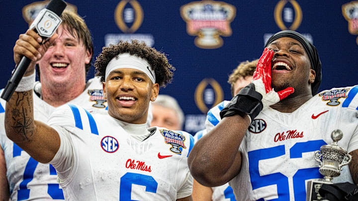 Ole Miss quarterback Trinidad Chambliss (6) and defensive lineman Will Echoles (52) interact with the fans after the Sugar Bowl and College Football Playoff quarterfinals at Caesars Superdome in New Orleans, La., on Thursday, Jan. 1, 2026. Ole Miss defeated Georgia 39-34. Chambliss and Echoles won most outstanding player for offense and defense respectively. Ole Miss quarterback Trinidad Chambliss (6) and defensive lineman Will Echoles (52) interact with the fans after the Sugar Bowl and College Football Playoff quarterfinals at Caesars Superdome in New Orleans, La., on Thursday, Jan. 1, 2026. Ole Miss defeated Georgia 39-34. Chambliss and Echoles won most outstanding player for offense and defense respectively.