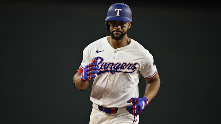 Sep 17, 2024; Arlington, Texas, USA; Texas Rangers center fielder Leody Taveras (3) rounds the bases after he hits a two run home run against the Toronto Blue Jays during the game at Globe Life Field