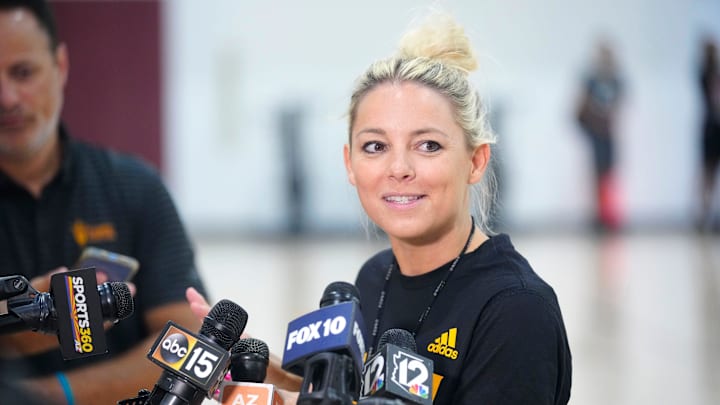 ASU head coach Molly Miller speaks to the press at Weatherup Center in Tempe, Ariz. on June 4, 2025.