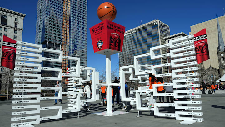 The 2024 women’s NCAA tournament bracket in Cleveland during the Final Four.
