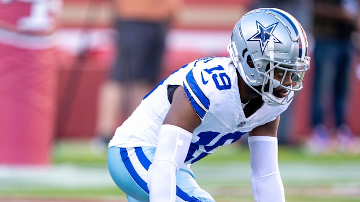 October 8, 2023; Santa Clara, California, USA; Dallas Cowboys cornerback Noah Igbinoghene (19) warms