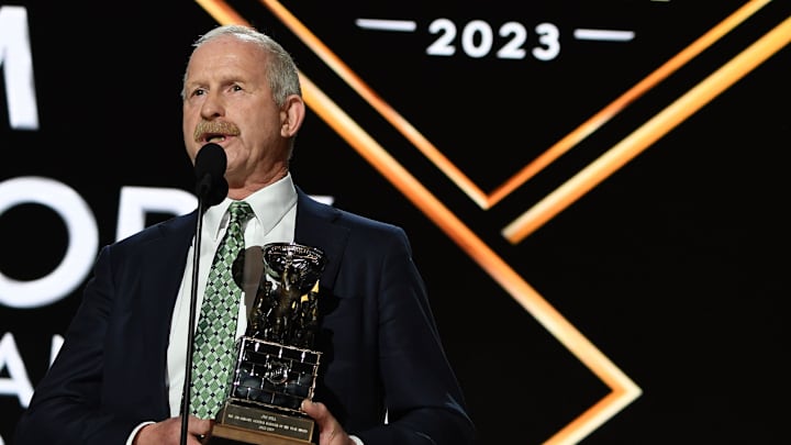 Jun 28, 2023; Nashville, Tennessee, USA; Dallas Stars general manager Jim Nill is awarded the Jim Gregory General Manager of the Year award during the first round of the 2023 NHL Draft at Bridgestone Arena. Mandatory Credit: Christopher Hanewinckel-Imagn Images