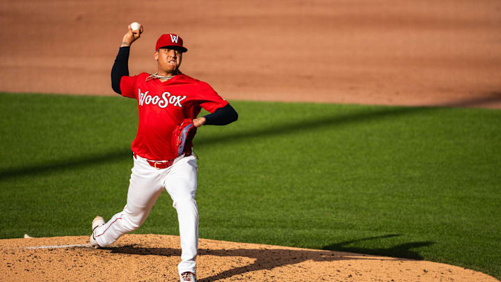 Boston Red Sox pitcher Bryan Mata tosses a pitch during the WooSox game on Saturday at Polar Park. Mata is currently on a rehab assignment with Triple-A Worcester.