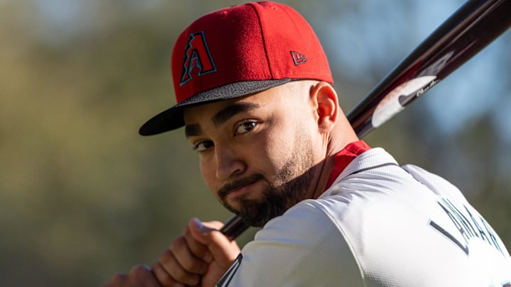 Feb 21, 2024; Scottsdale, AZ, USA; Arizona Diamondbacks infielder Jordan Lawlar (10) poses for a