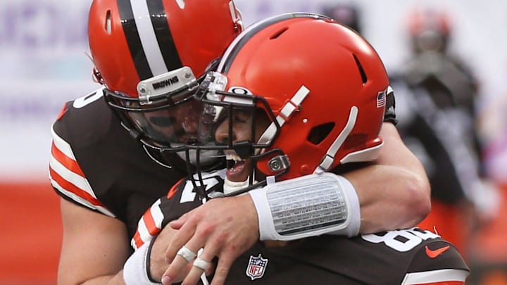 Cleveland Browns quarterback Baker Mayfield (6) celebrates with Cleveland Browns wide receiver Rashard Higgins (82) after a touchdown reception against the Indianapolis Colts during the second quarter of an NFL football game, Sunday, Oct. 11, 2020, in Cleveland, Ohio. [Jeff Lange/Beacon Journal]

LEAD_image_Browns 8