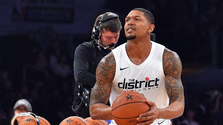 February 17, 2018; Los Angeles, CA, USA; Washington Wizards guard Bradley Beal (3) shoots during the three point contest at Staples Center. Mandatory Credit: Bob Donnan-Imagn Images