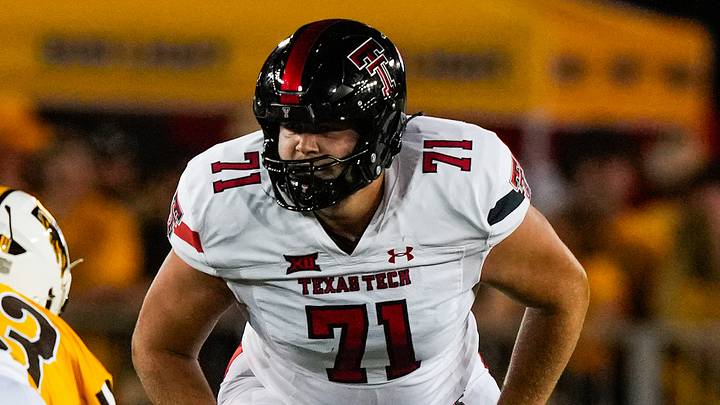 Sep 2, 2023; Laramie, Wyoming, USA; Texas Tech Red Raiders offensive lineman Monroe Mills (71) against the Wyoming Cowboys during the second quarter at Jonah Field at War Memorial Stadium. Mandatory Credit: Troy Babbitt-USA TODAY Sports Sep 2, 2023; Laramie, Wyoming, USA; Texas Tech Red Raiders offensive lineman Monroe Mills (71) against the Wyoming Cowboys during the second quarter at Jonah Field at War Memorial Stadium. Mandatory Credit: Troy Babbitt-USA TODAY Sports