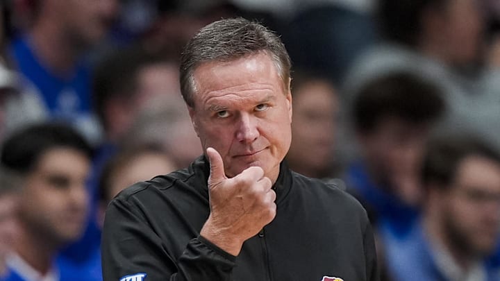 Nov 11, 2025; Lawrence, Kansas, USA; Kansas Jayhawks head coach Bill Self reacts during the first half against the Texas A&M-Corpus Christi Islanders at Allen Fieldhouse. Mandatory Credit: Jay Biggerstaff-Imagn Images
