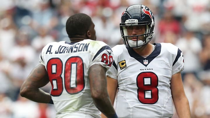 Sep 15, 2013; Houston, TX, USA; Houston Texans quarterback Matt Schaub (8) talks with receiver Andre Johnson (80) against the Tennessee Titans at Reliant Stadium. Mandatory Credit: Matthew Emmons-Imagn Images