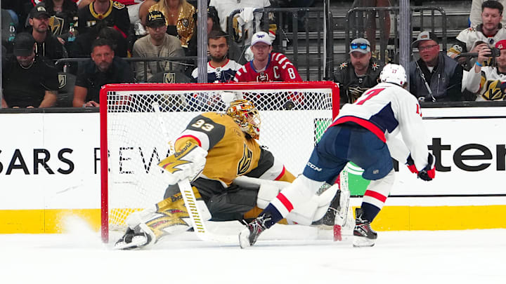 Mar 28, 2026; Las Vegas, Nevada, USA; Washington Capitals center Dylan Strome (17) scores against Vegas Golden Knights goaltender Adin Hill (33) during a shoot-out at T-Mobile Arena. Mandatory Credit: Stephen R. Sylvanie-Imagn Images Mar 28, 2026; Las Vegas, Nevada, USA; Washington Capitals center Dylan Strome (17) scores against Vegas Golden Knights goaltender Adin Hill (33) during a shoot-out at T-Mobile Arena. Mandatory Credit: Stephen R. Sylvanie-Imagn Images