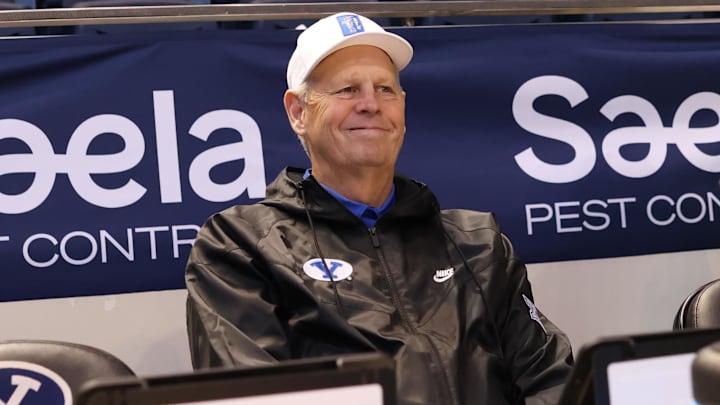 Jan 12, 2023; Provo, Utah, USA; Utah Jazz CEO and former Brigham Young Cougars player Danny Ainge looks on prior to a game between the Brigham Young Cougars and the Gonzaga Bulldogs at Marriott Center. Mandatory Credit: Rob Gray-Imagn Images
