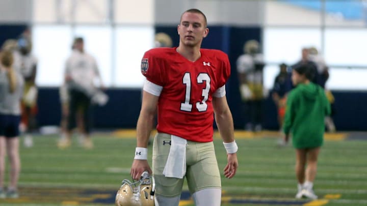 Notre Dame quarterback CJ Carr looks up at the scoreboard during practice Saturday, April 5, 2025, at the Irish Athletics Center in South Bend.