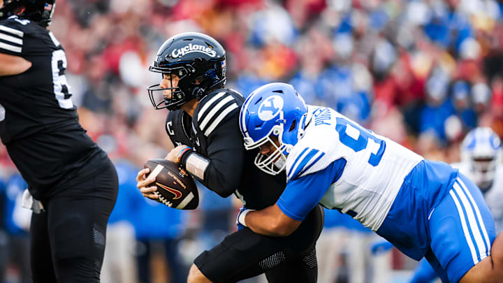 BYU DT Anisi Purcell gets a sack against Iowa State