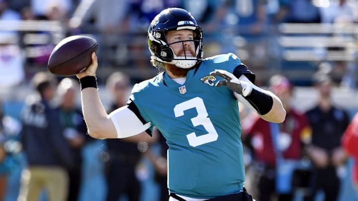 Nov 7, 2021; Jacksonville, Florida, USA; Jacksonville Jaguars quarterback CJ Beathard (3) throws the ball during the game against the Buffalo Bills at TIAA Bank Field.  