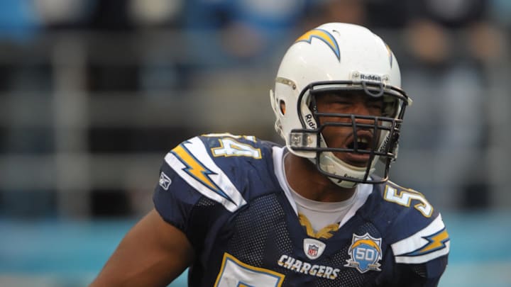 Jan 17, 2010; San Diego, CA, USA; San Diego Chargers linebacker Stephen Cooper (54) reacts during the 2010 AFC Divisional playoff game against the New York Jets at Qualcomm Stadium. The Jets defeated the Chargers 17-14.  Mandatory Credit: Kirby Lee/Image of Sport-Imagn Images