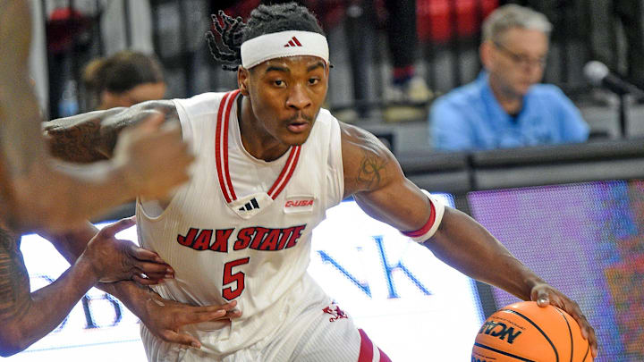 Jacksonville State guard Jaron Pierre Jr. drives to the basket during college basketball action against New Mexico State in Jacksonville, Alabama February 20, 2025. Jax State fell to New Mexico State 61-52.