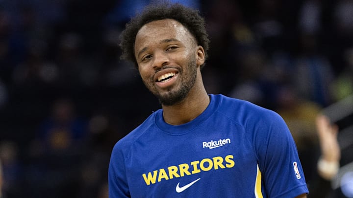 Oct 17, 2025; San Francisco, California, USA; Golden State Warriors guard LJ Cryer shares a laugh while warming up before facing the Los Angeles Clippers at Chase Center. Oct 17, 2025; San Francisco, California, USA; Golden State Warriors guard LJ Cryer shares a laugh while warming up before facing the Los Angeles Clippers at Chase Center.