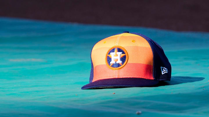 Apr 9, 2024; Kansas City, Missouri, USA; A general view of Houston Astros second base Jose Altuve (27) hat on the field during batting practice prior to a game against the Kansas City Royals at Kauffman Stadium. Apr 9, 2024; Kansas City, Missouri, USA; A general view of Houston Astros second base Jose Altuve (27) hat on the field during batting practice prior to a game against the Kansas City Royals at Kauffman Stadium.