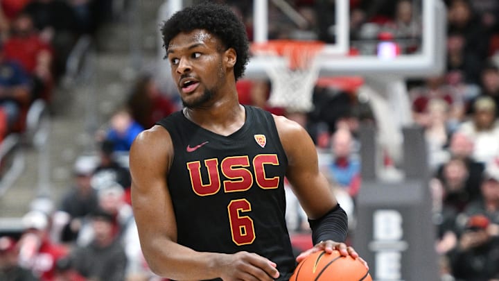 Feb 29, 2024; Pullman, Washington, USA; USC Trojans guard Bronny James (6) controls the ball against