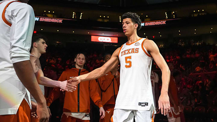 Texas Longhorns forward Kadin Shedrick (5) takes the court ahead of the game against Georgia at the Moody Center on Saturday, March 1, 2025.