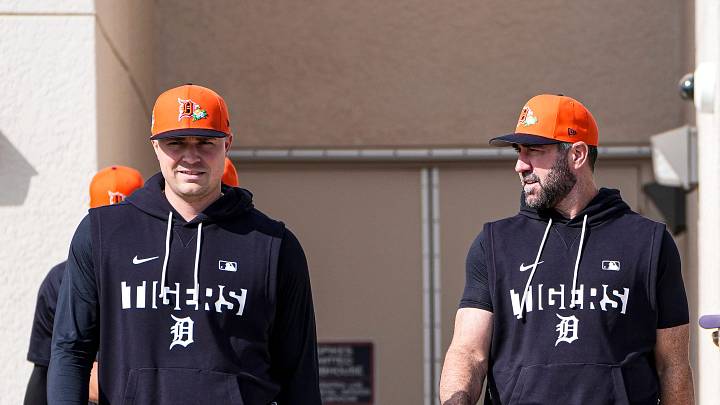 Detroit Tigers pitcher Tarik Skubal, left, and pitcher Justin Verlander walks toward practice field during spring training at TigerTown in Lakeland, Fla. on Thursday, Feb. 12, 2026. Detroit Tigers pitcher Tarik Skubal, left, and pitcher Justin Verlander walks toward practice field during spring training at TigerTown in Lakeland, Fla. on Thursday, Feb. 12, 2026.