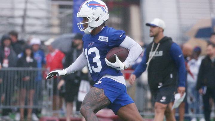 Bills WR Skyler Bell turns up the field after a catch across them middle during the opening day of Buffalo Bills training camp. Bills WR Skyler Bell turns up the field after a catch across them middle during the opening day of Buffalo Bills training camp.