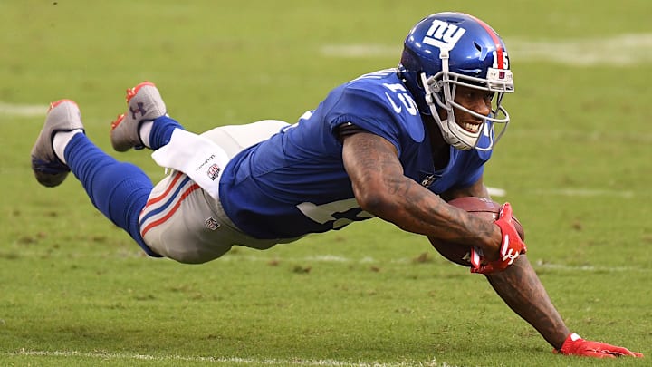Oct 1, 2017; Tampa, FL, USA; New York Giants wide receiver Brandon Marshall (15) dives forward in the second half against the  Tampa Bay Buccaneers at Raymond James Stadium. Mandatory Credit: Jonathan Dyer-Imagn Images