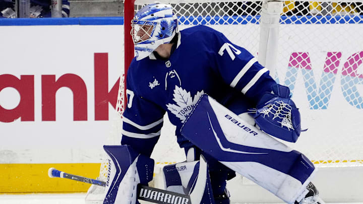 Sep 27, 2025; Toronto, Ontario, CAN; Toronto Maple Leafs goaltender Artur Akhtyamov (70) defends the goal during the third period against the Montreal Canadiens at Scotiabank Arena. Mandatory Credit: John E. Sokolowski-Imagn Images