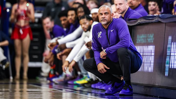 Jan 7, 2026; Tucson, Arizona, USA; Kansas State Wildcats head coach Jerome Tang watches the game during the first half of the game against the Arizona Wildcats at McKale Memorial Center. 