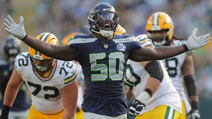 Seattle Seahawks linebacker Jamie Sheriff (50) celebrates a sack against the Green Bay Packers. Seattle Seahawks linebacker Jamie Sheriff (50) celebrates a sack against the Green Bay Packers.
