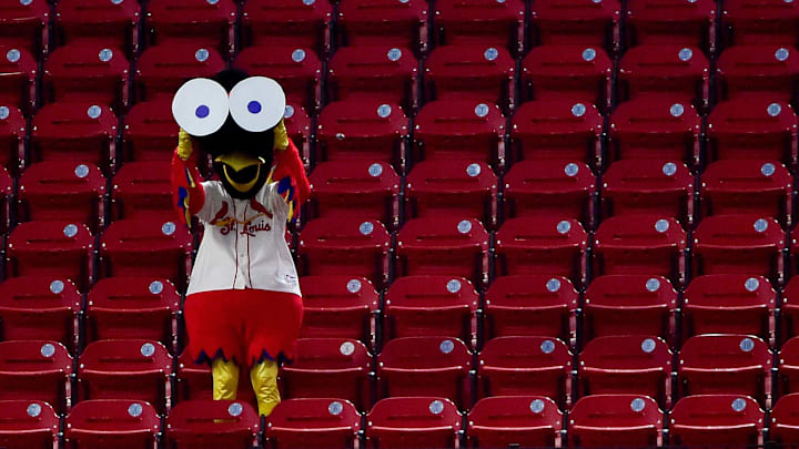 Aug 22, 2020; St. Louis, Missouri, USA; St. Louis Cardinals mascot Fredbird uses binoculars from the upper deck seats to watch the third inning against the Cincinnati Reds at Busch Stadium. Mandatory Credit: Jeff Curry-Imagn Images Aug 22, 2020; St. Louis, Missouri, USA; St. Louis Cardinals mascot Fredbird uses binoculars from the upper deck seats to watch the third inning against the Cincinnati Reds at Busch Stadium. Mandatory Credit: Jeff Curry-Imagn Images
